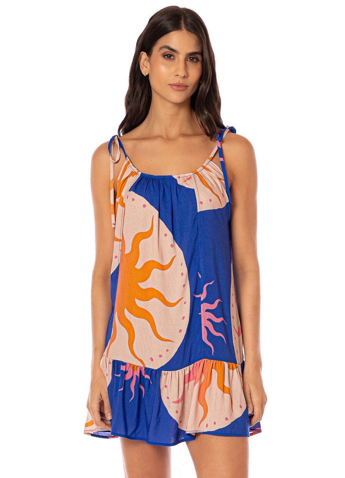 VESTIDO CORTO AZUL CON SOL NARANJA
