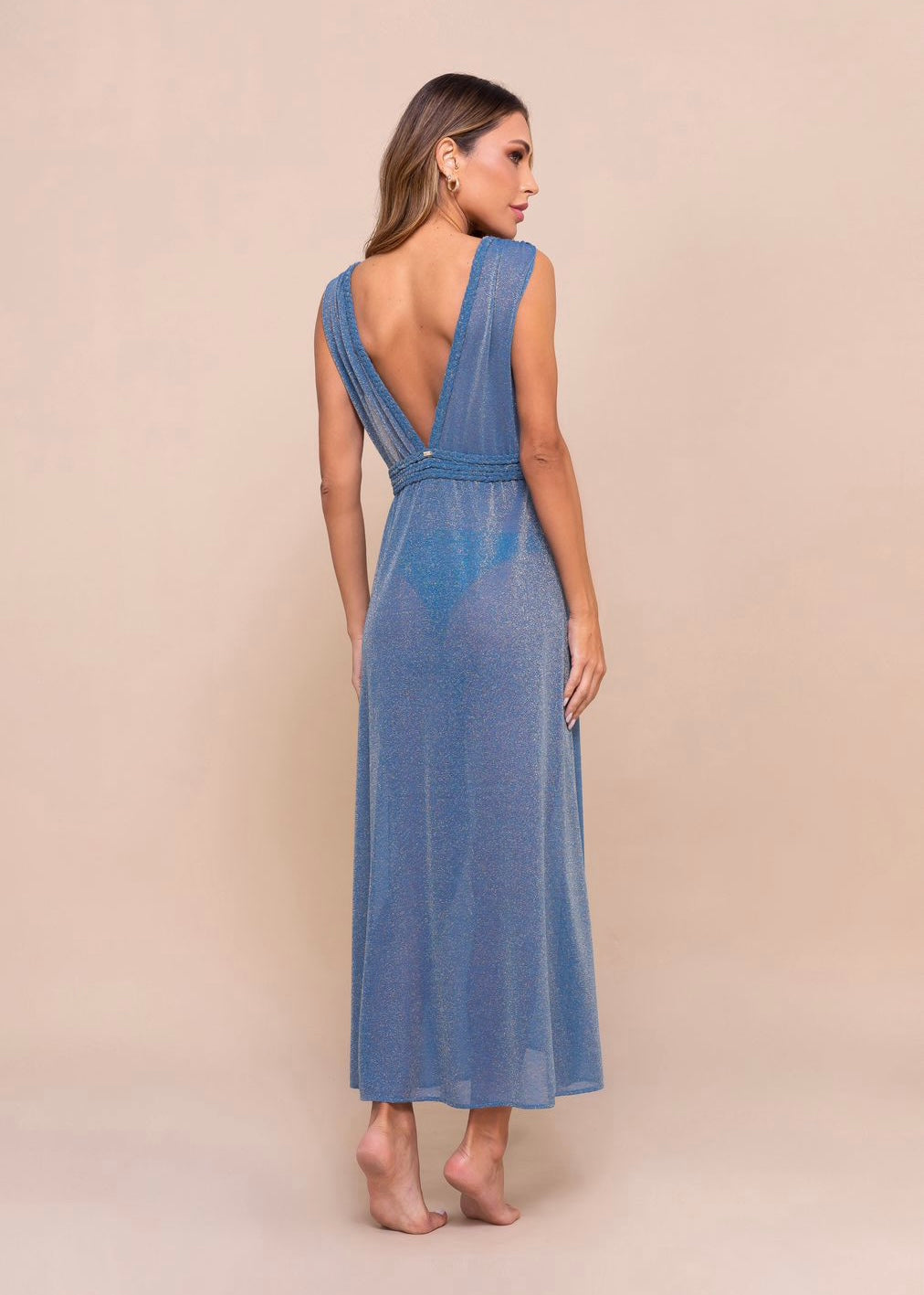 VESTIDO LARGO AZUL BRILLOSO