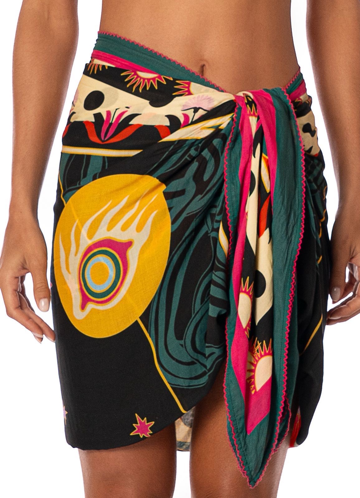 PAREO NEGRO ESTAMPADO VERDE Y ROSA