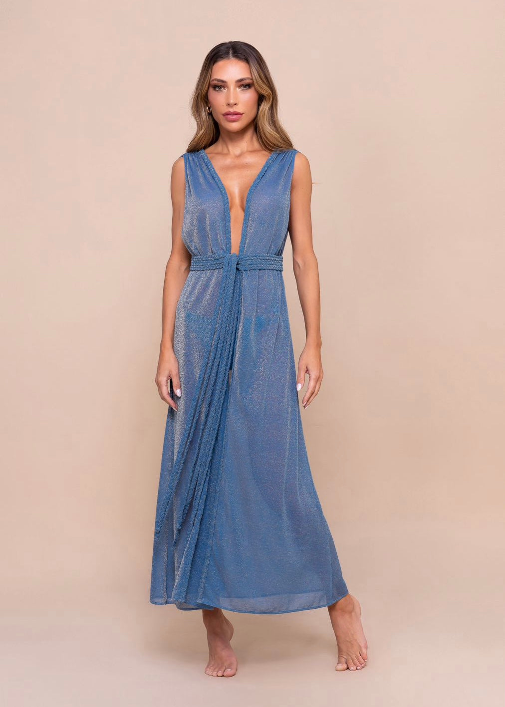 VESTIDO LARGO AZUL BRILLOSO