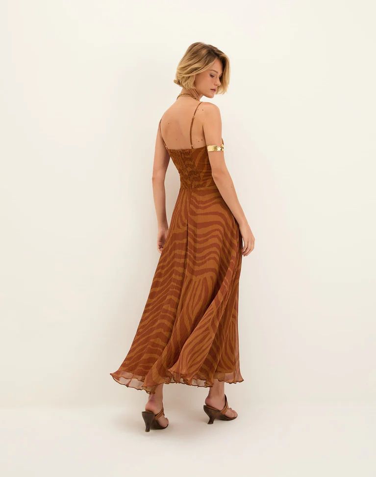 Vestido largo animal print café vaporoso