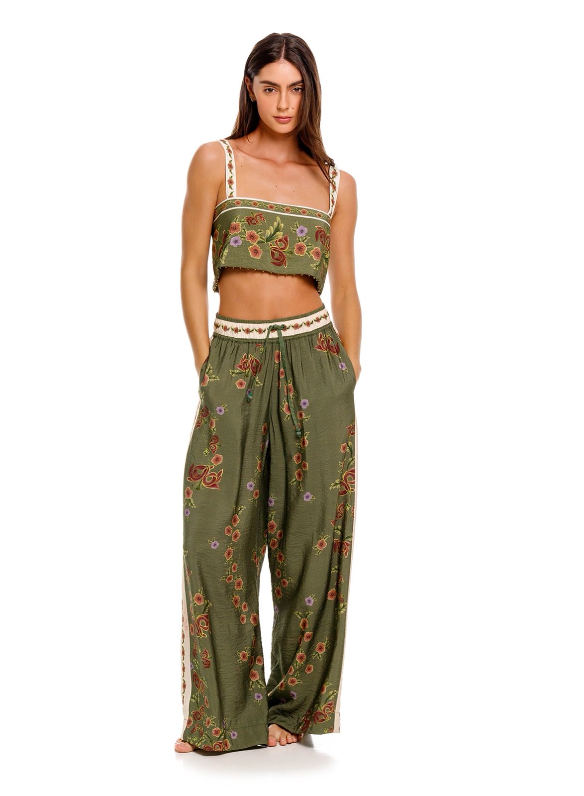 SET COLOR OLIVO CON FLORES ROSAS