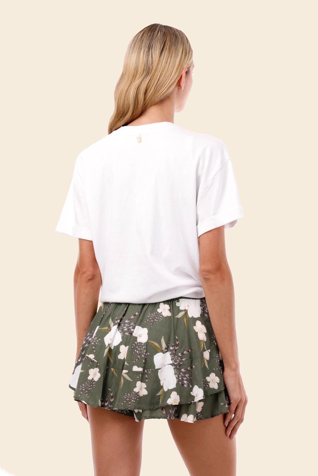 FALDA SHORT OLIVO FLORES BLANCAS