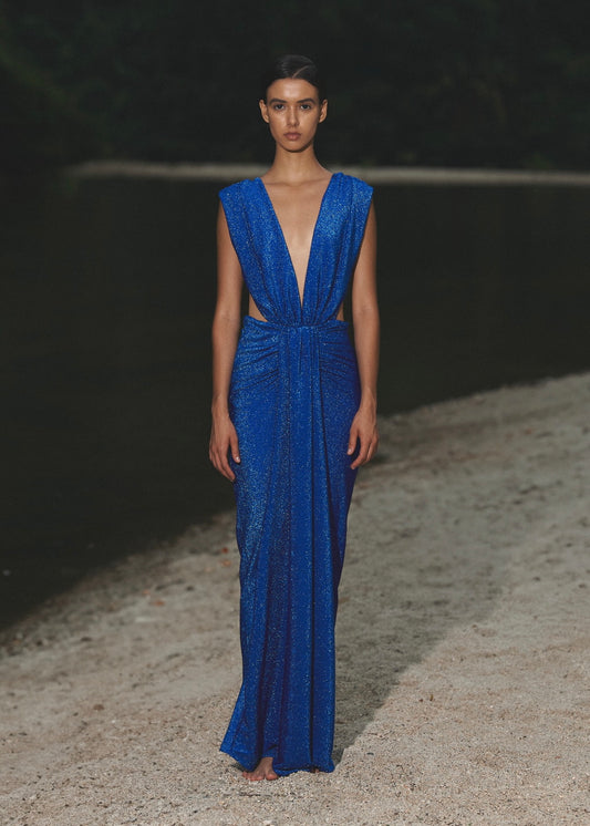 VESTIDO LARGO EN V AZUL REY