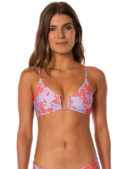 BIKINI AZUL ESTAMPADO CON FLORES NARANJAS