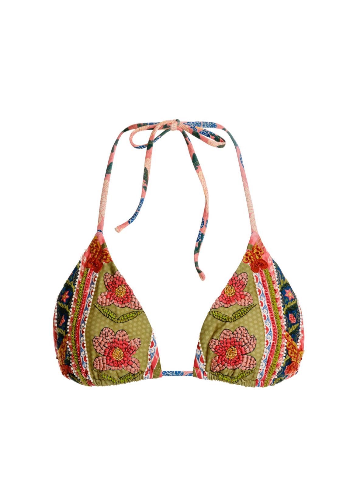 BIKINI VERDE Y ROSA CON DETALLES DE FLORES BORDADO ARTESANAL