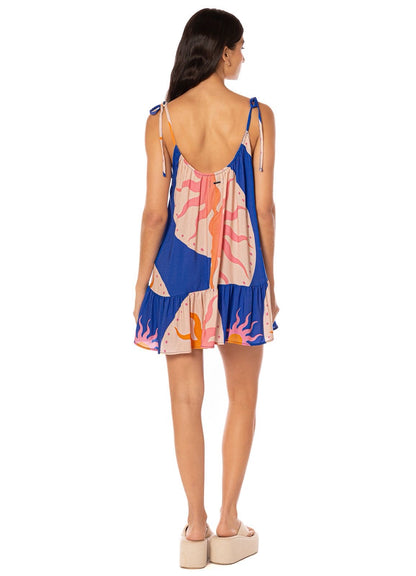 VESTIDO CORTO AZUL CON SOL NARANJA