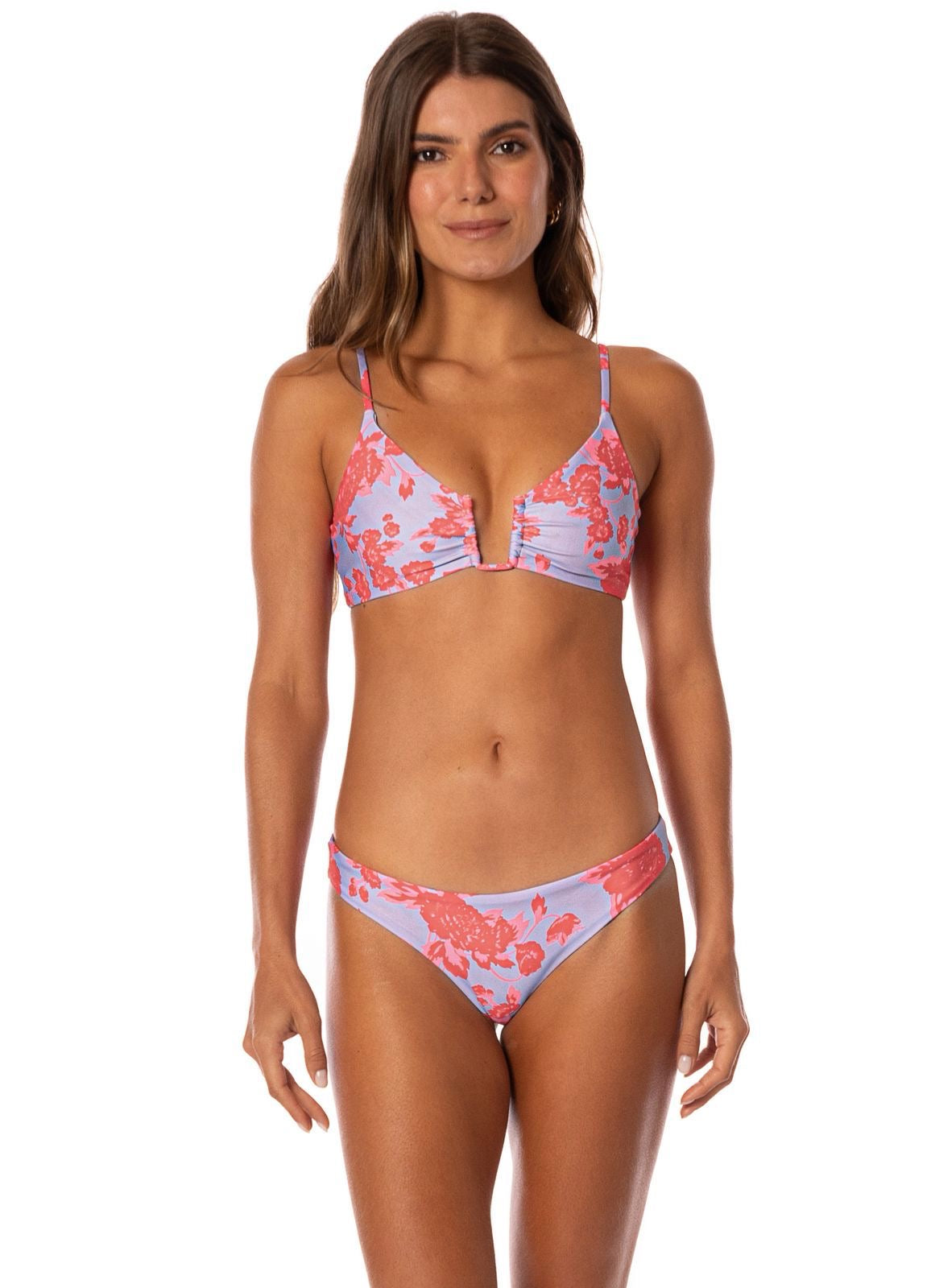 BIKINI AZUL ESTAMPADO CON FLORES NARANJAS