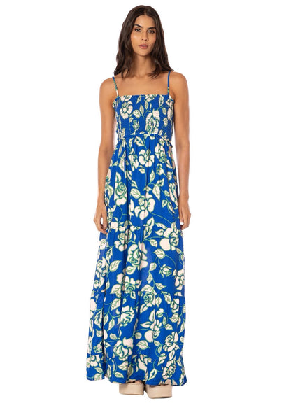 VESTIDO LARGO AZUL CON FLORES VERDES
