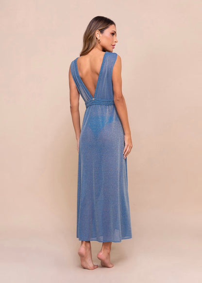 VESTIDO LARGO AZUL BRILLOSO