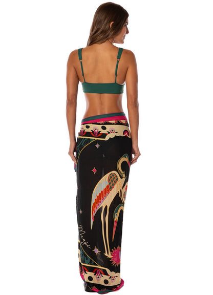 PAREO NEGRO ESTAMPADO VERDE Y ROSA