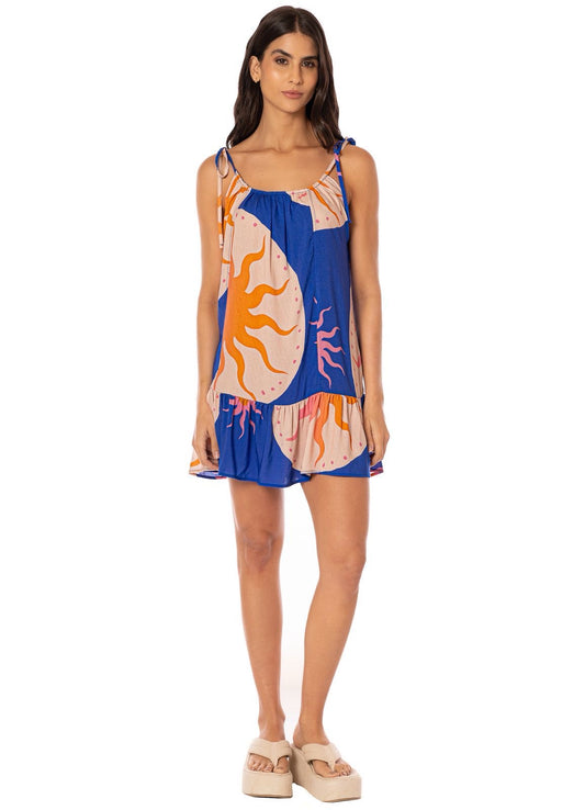 VESTIDO CORTO AZUL CON SOL NARANJA