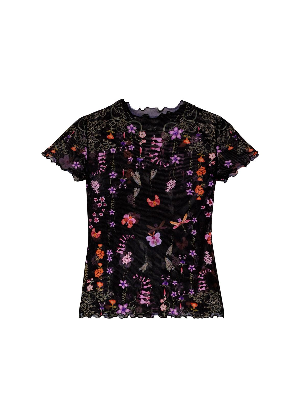 PLAYERA DE MESH NEGRA CON ESTAMPADO DE FLORES