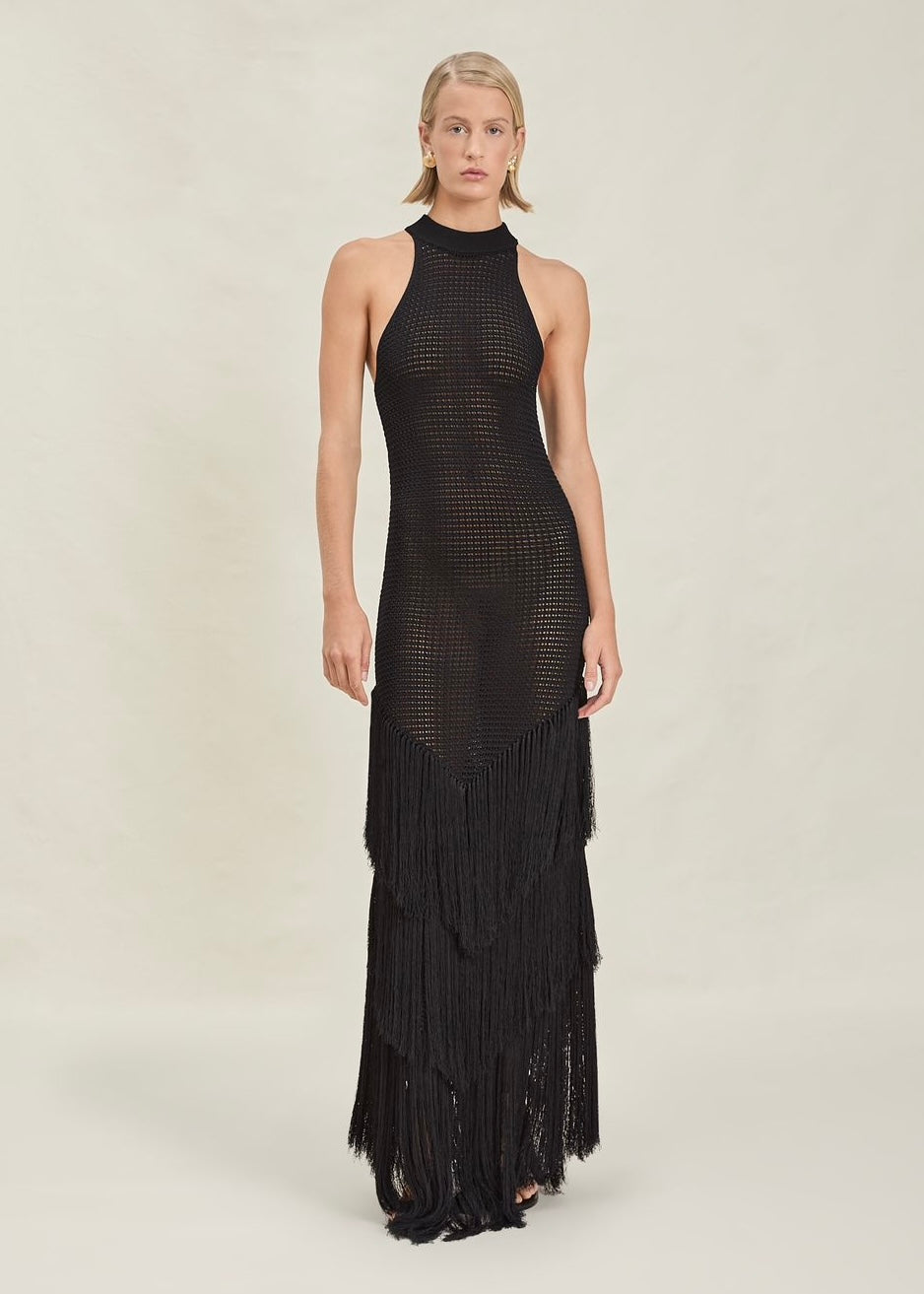 VESTIDO HALTER FLECOS NEGRO