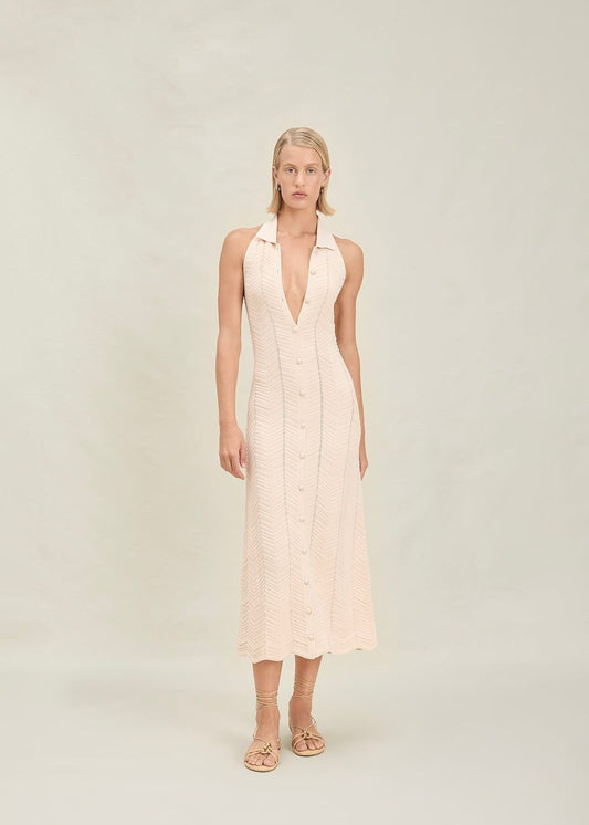 VESTIDO HALTER OFF WHITE CON BOTONES