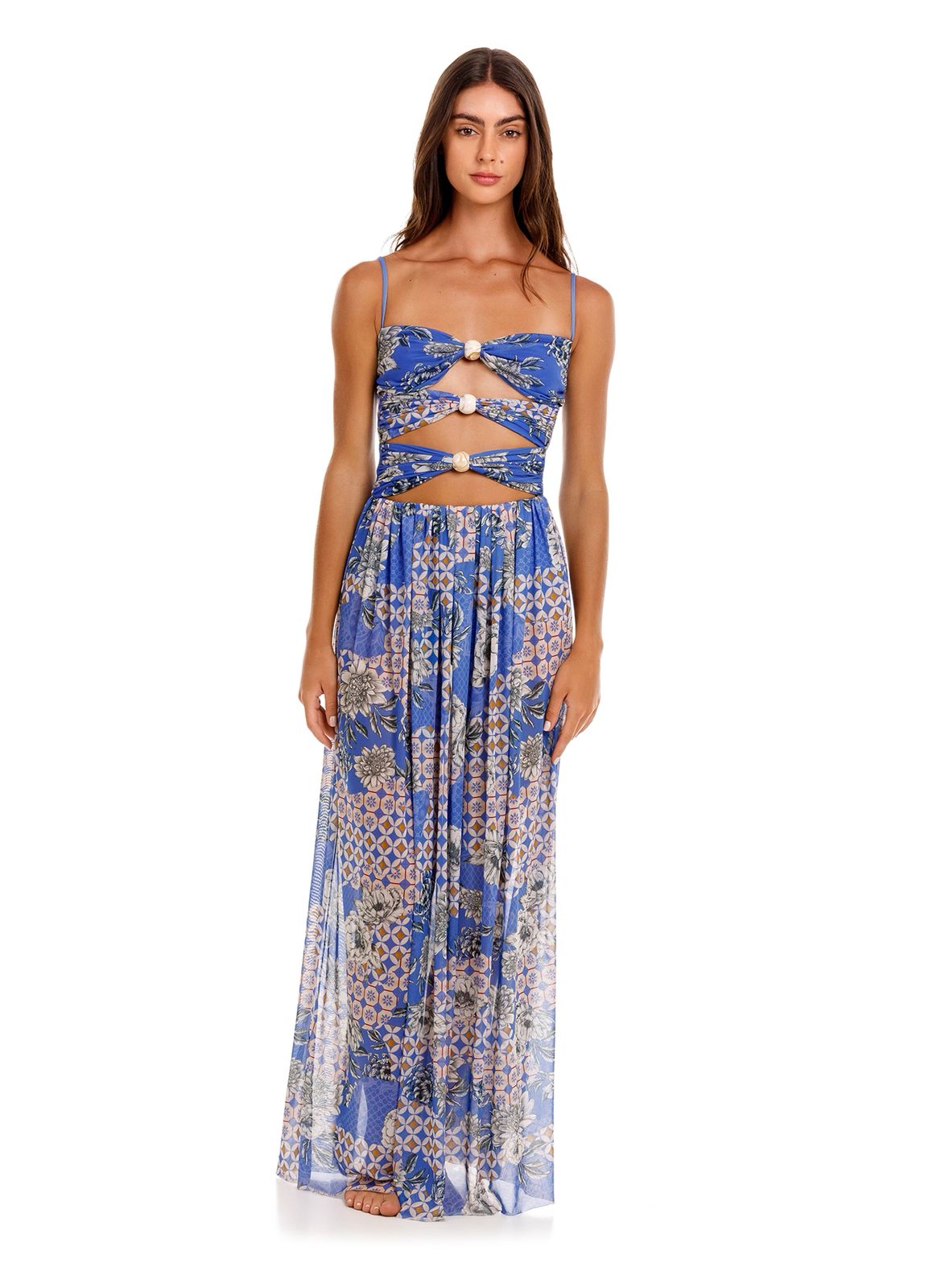 VESTIDO AZUL ESTAMPADO ESCOTADO POR ADELANTE CON BOLAS DE MADERA