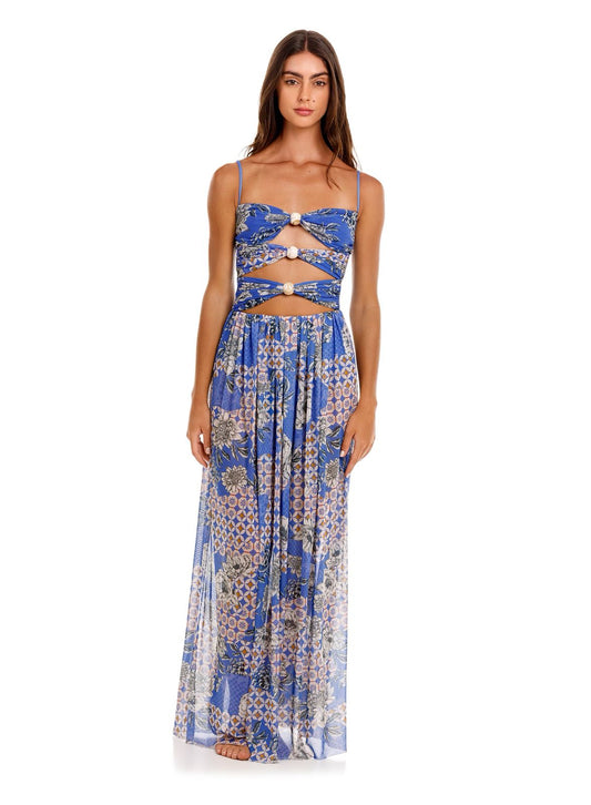 VESTIDO AZUL ESTAMPADO ESCOTADO POR ADELANTE CON BOLAS DE MADERA