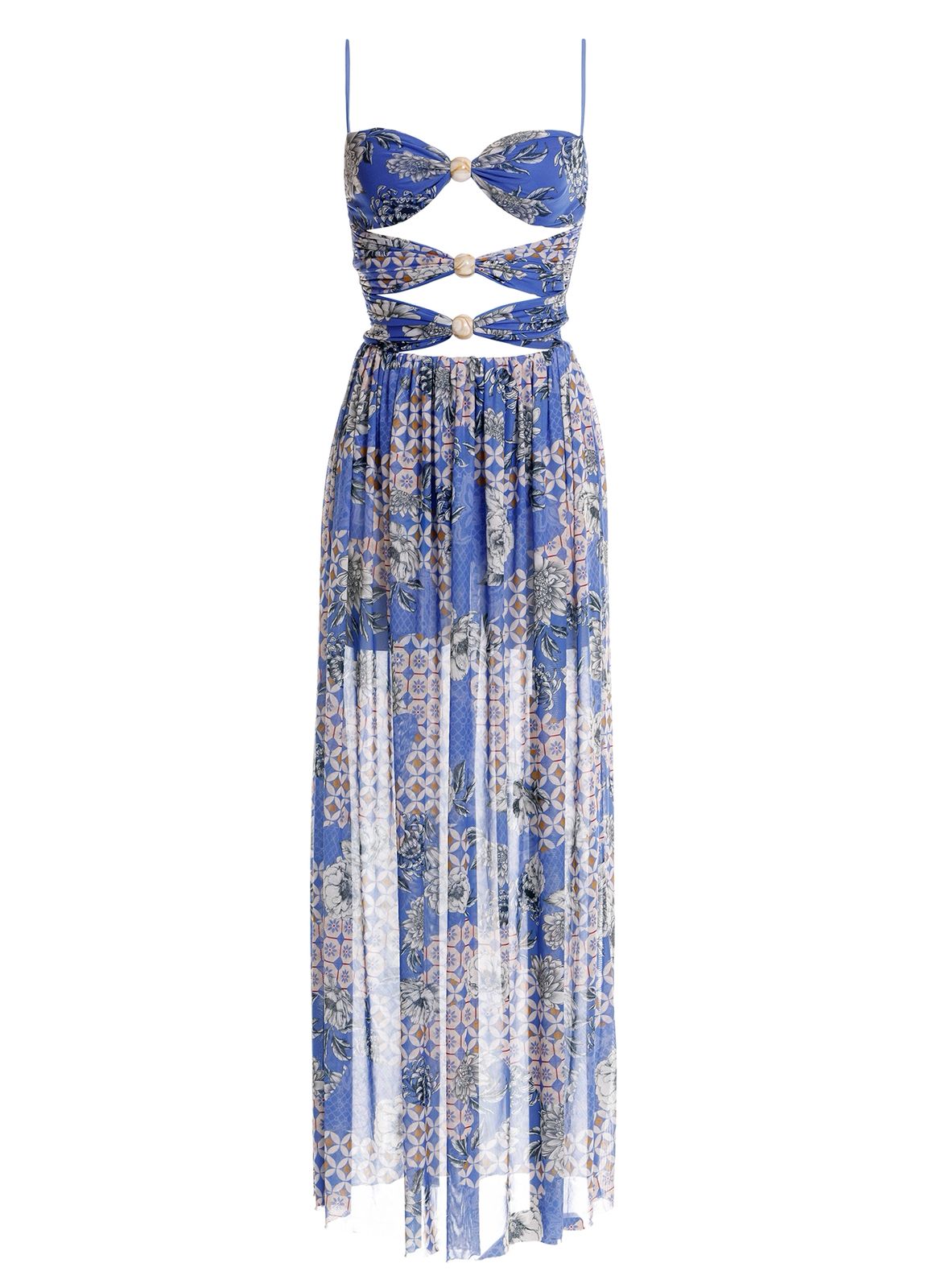 VESTIDO AZUL ESTAMPADO ESCOTADO POR ADELANTE CON BOLAS DE MADERA