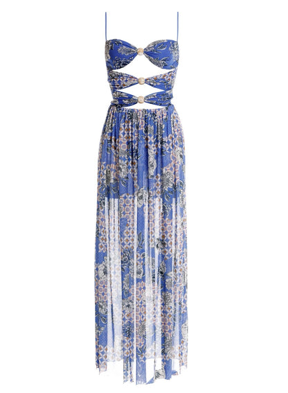 VESTIDO AZUL ESTAMPADO ESCOTADO POR ADELANTE CON BOLAS DE MADERA