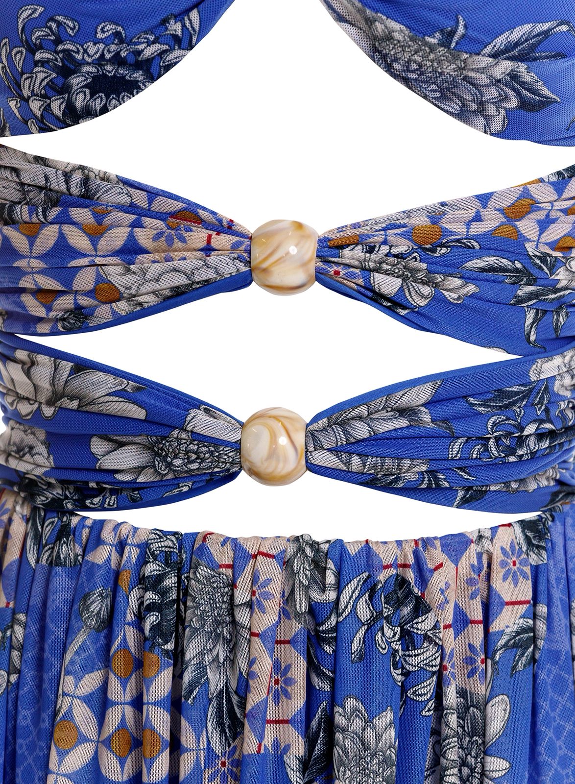 VESTIDO AZUL ESTAMPADO ESCOTADO POR ADELANTE CON BOLAS DE MADERA