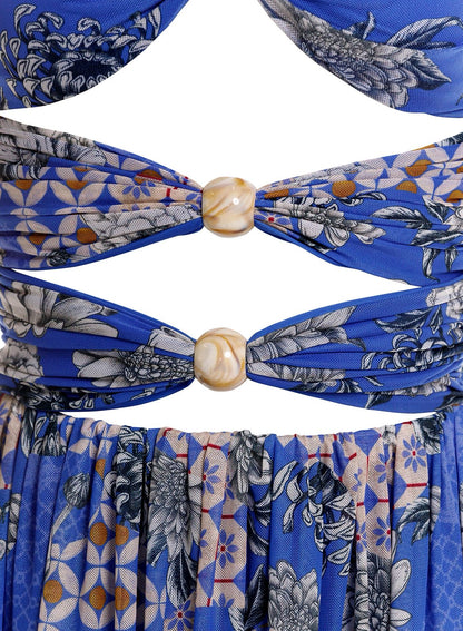 VESTIDO AZUL ESTAMPADO ESCOTADO POR ADELANTE CON BOLAS DE MADERA