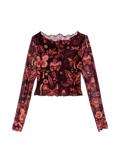SET VINO CON FLORES FALDA Y CAMISETA DE MANGA MESH