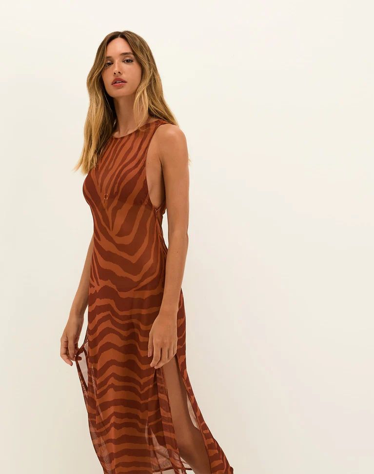 Vestido café animal print mesh