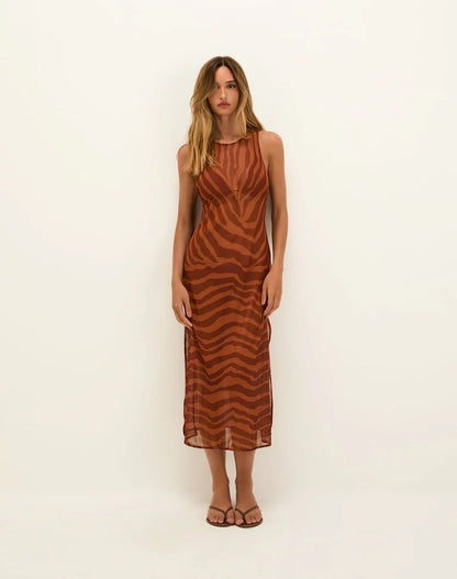 Vestido café animal print mesh