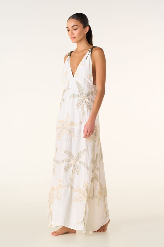 VESTIDO BLANCO TEJIDO CON PALMERAS ROSA Y AZUL