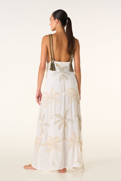 VESTIDO BLANCO TEJIDO CON PALMERAS ROSA Y AZUL