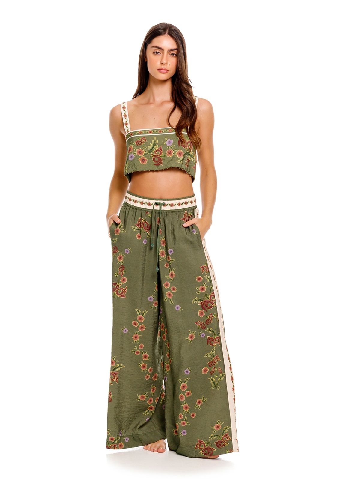 SET COLOR OLIVO CON FLORES ROSAS