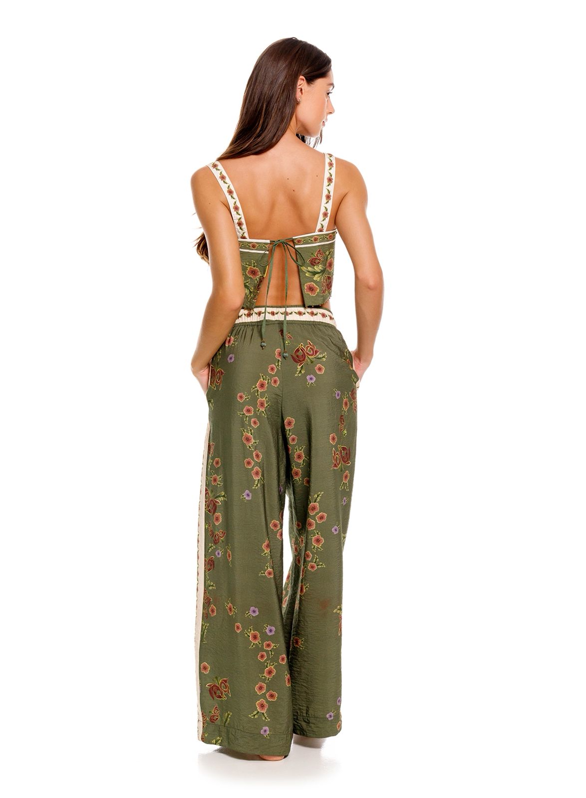 SET COLOR OLIVO CON FLORES ROSAS