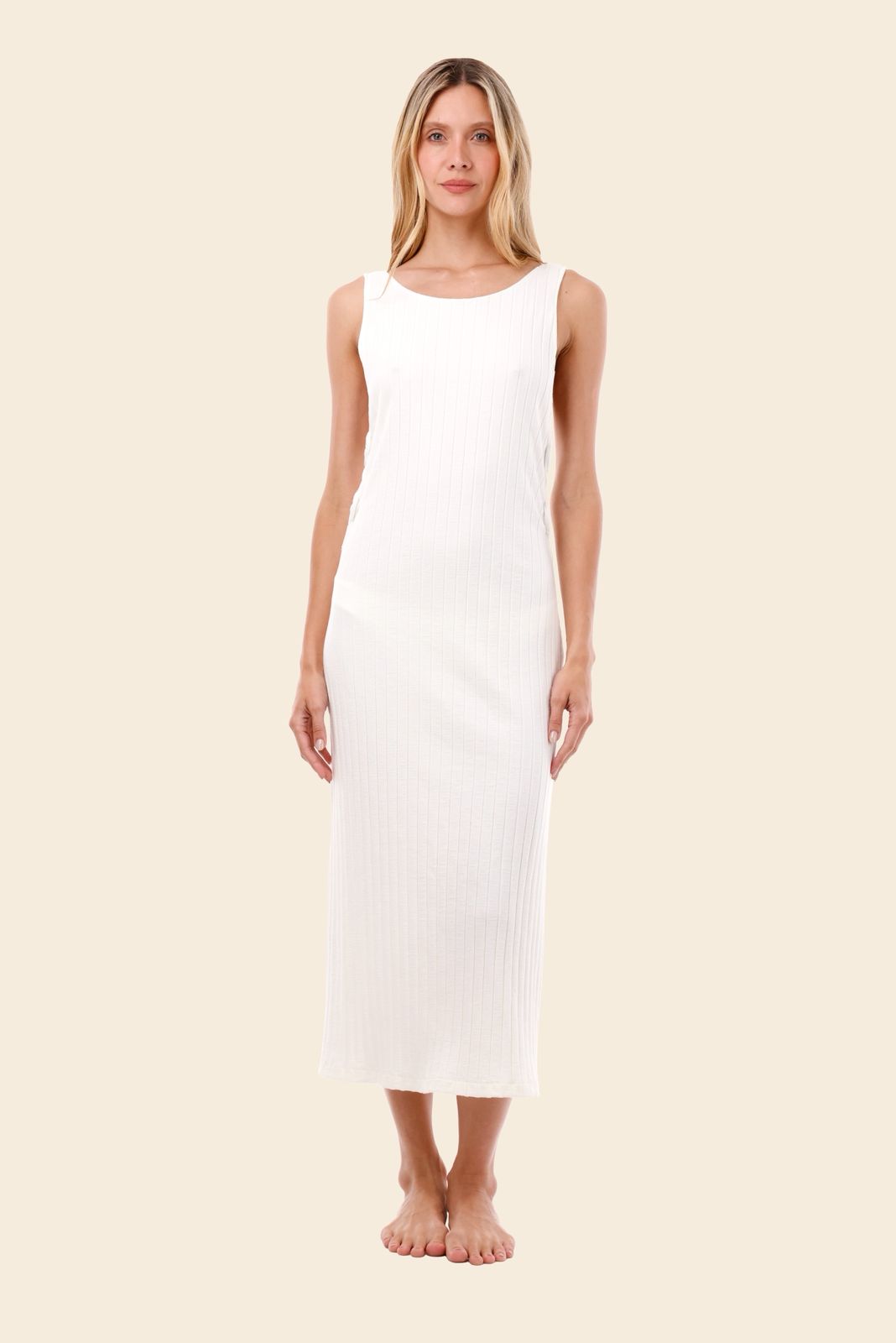 VESTIDO BLANCO REVERSIBLE ARGOLLAS DE LADO