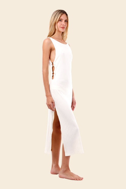 VESTIDO BLANCO REVERSIBLE ARGOLLAS DE LADO