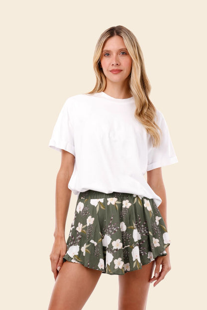 FALDA SHORT OLIVO FLORES BLANCAS
