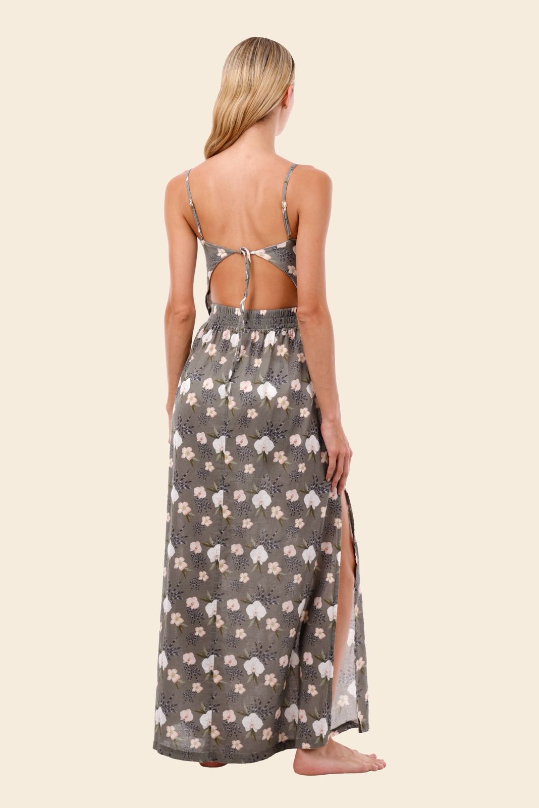 VESTIDO OLIVO FLORES BLANCAS