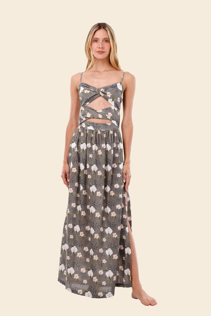 VESTIDO OLIVO FLORES BLANCAS