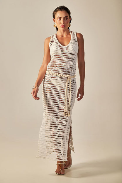 VESTIDO LARGO DE RED CON CINTURÓN
