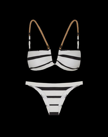 BIKINI BLANCO RAYAS NEGRAS CON MACRAMÉ