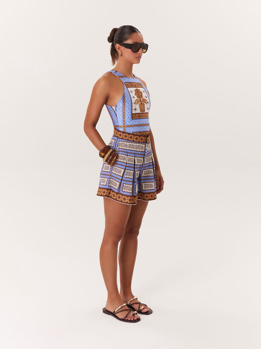 SHORT TROPICAL AZUL CON CAFÉ BOTÓN