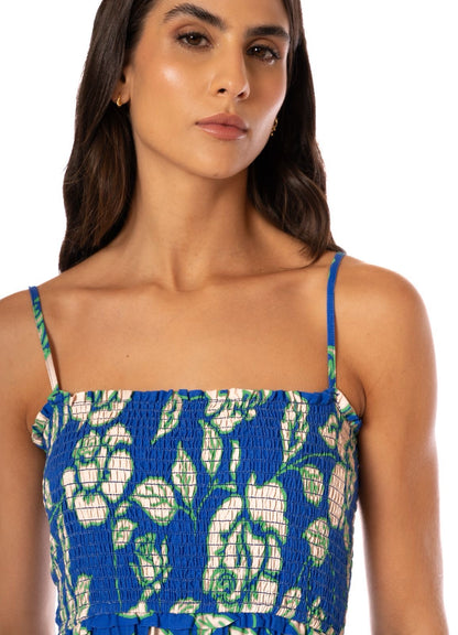 VESTIDO LARGO AZUL CON FLORES VERDES