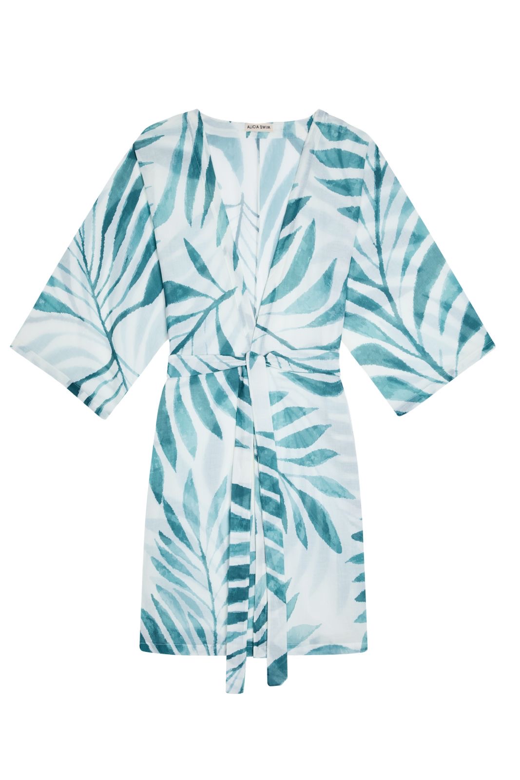 KIMONO  BLANCO CON HOJAS TURQUESA