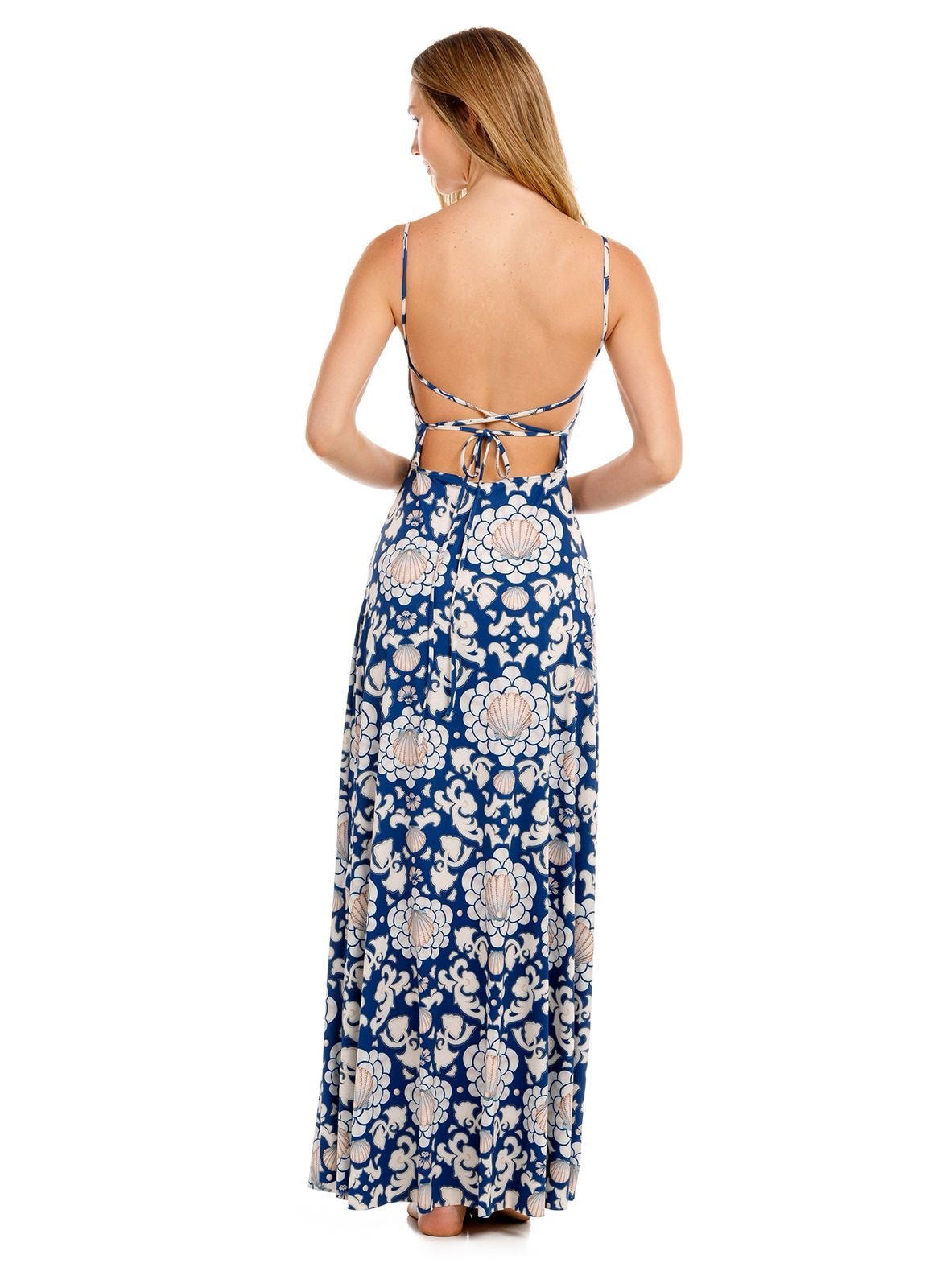 VESTIDO LARGO AZUL CON BLANCO