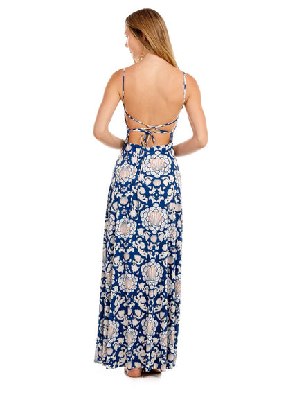 VESTIDO LARGO AZUL CON BLANCO